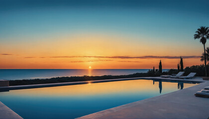 Fototapeta premium Relaxing poolside view at sunset with reflections over calm ocean waves in a tranquil coastal setting