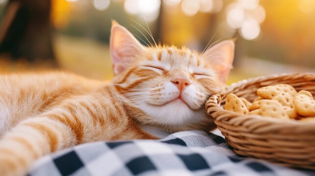 Orange tabby cat peacefully sleeping on a picnic blanket next to a basket of cookies outdoors, AI - Powered by Adobe