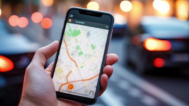 Businessman is holding smartphone displaying navigation app with map and location pin on blurred city street with traffic in background at dusk