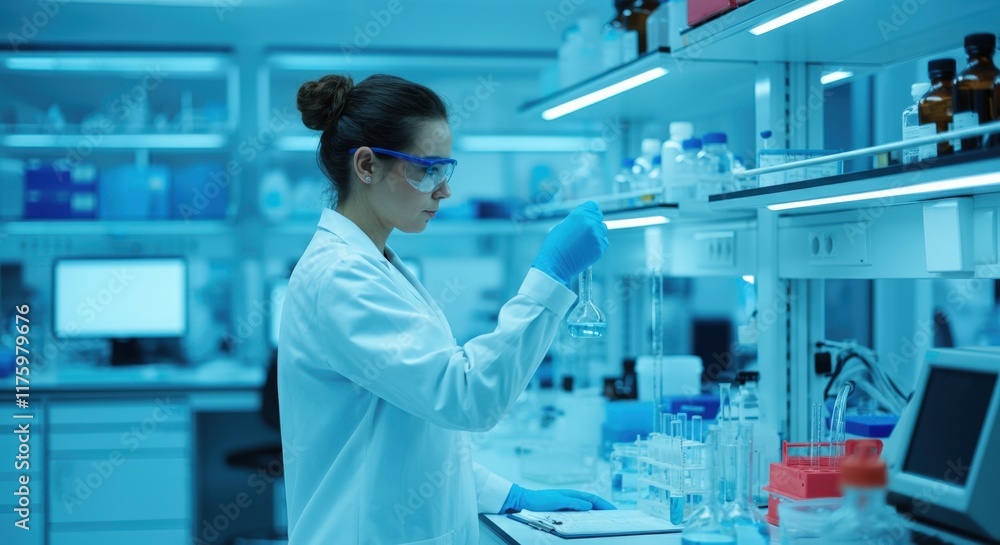 Poster scientist conducting experiments in a modern laboratory setting