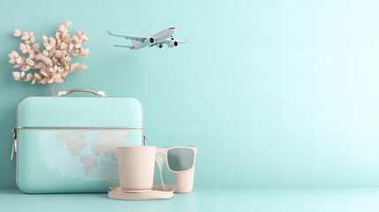 Whimsical suitcase with a map, plants, and travel elements against a mint green background