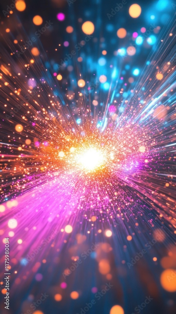 Poster vivid explosion of light and colorful particles in abstract design with radiating sparks and shimmer