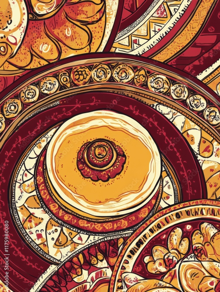 Aufkleber intricate hand drawn doodle featuring detailed circular patterns and vibrant colors in warm shades. 