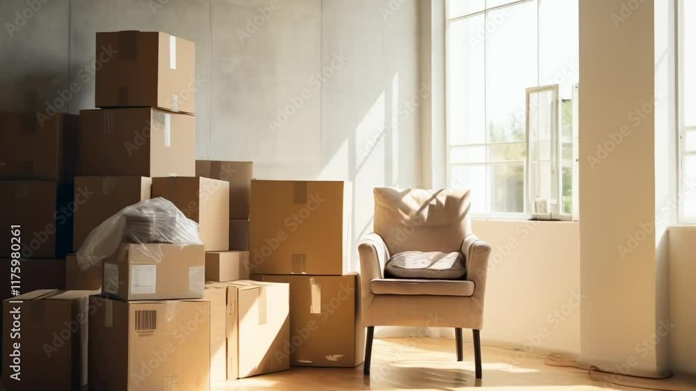 Poster sunlight illuminating an empty apartment with stacked cardboard boxes and an armchair near large win