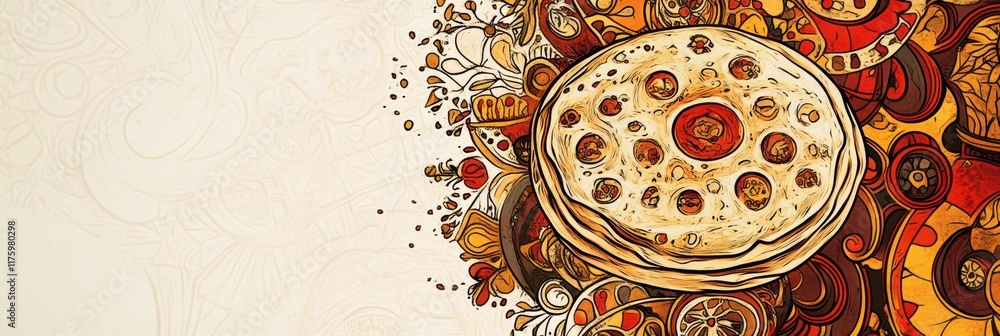 Poster hand drawn doodle featuring a colorful, intricate design with a large stuffed flatbread on a decorat