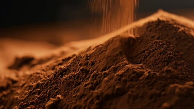 Close-up of deep brown cocoa powder with rim light emphasizing its velvety texture, ideal for hot chocolate lovers, chocolate production, and coffee shop aesthetics