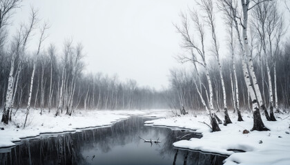 Winter landscape features a tranquil river surrounded by bare trees and snow-covered banks in a misty setting