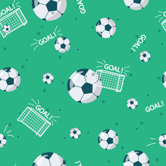 Sport themed seamless pattern with footballs, nets, goal on green background. Vector illustration for fabrics, wrapping paper, school supplies.