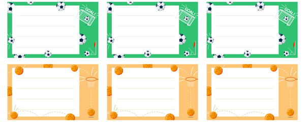 Set of sports themed notebook name stickers football and basketball. Copy space. Vector illustration for school supplies, card, print. Labels.