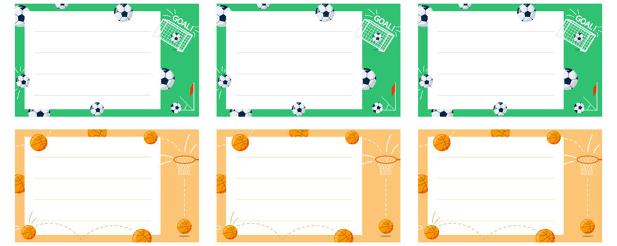 Set of sports themed notebook name stickers football and basketball. Copy space. Vector illustration for school supplies, card, print. Labels.