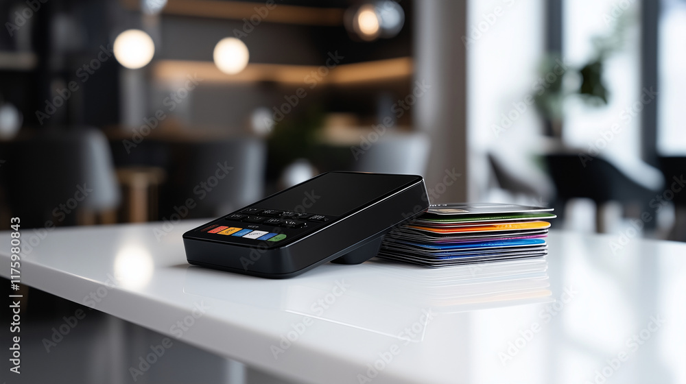 Poster a sleek pos terminal sits on a pristine white countertop alongside a neatly stacked array of colorfu