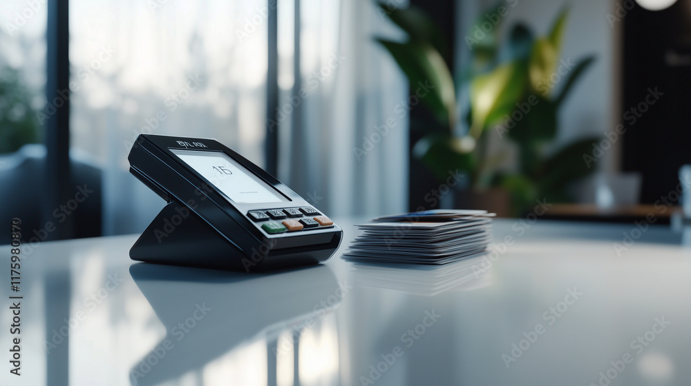 Poster a modern pos terminal and a stack of credit cards rest on a minimalist white countertop, surrounded 