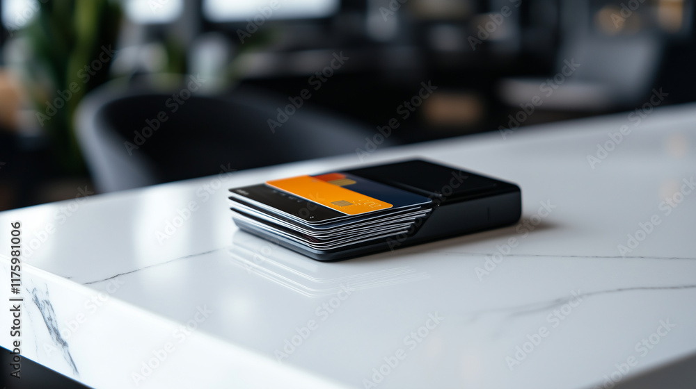 Poster an elegant pos terminal paired with a stack of multi-colored credit cards resting on a polished whit
