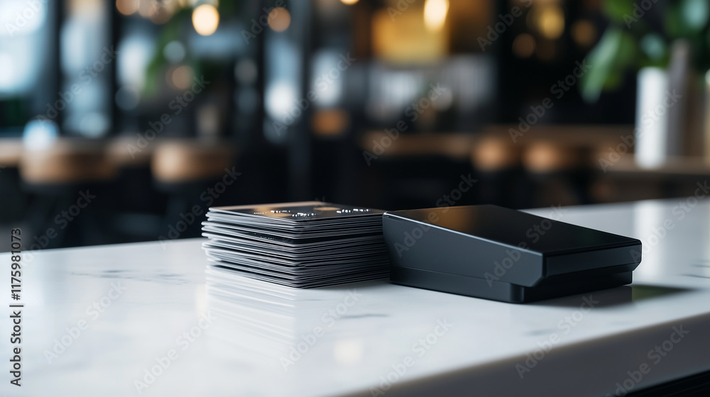 Aufkleber a sleek pos device and an orderly stack of credit cards are placed on a smooth white countertop with