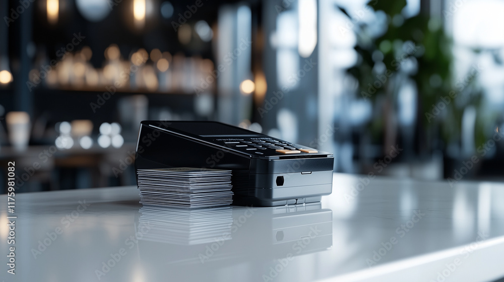 Poster a sleek pos device and an orderly stack of credit cards are placed on a smooth white countertop with