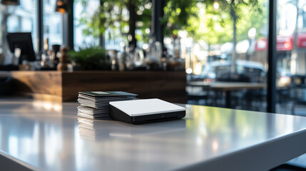 A polished white countertop features a compact POS terminal and a stack of high-quality credit cards, symbolizing a seamless payment process.
