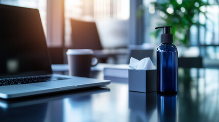 A close-up of a hand sanitizer bottle and tissue box on a polished office table, with a laptop and coffee cup in the background.
