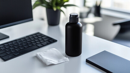 An office workspace with a minimalist design, showcasing a hand sanitizer bottle and tissues on a sleek white desk next to a keyboard.