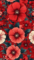 Obraz premium Large red floral shapes with delicate petal details for a vintage feel on a red pattern background