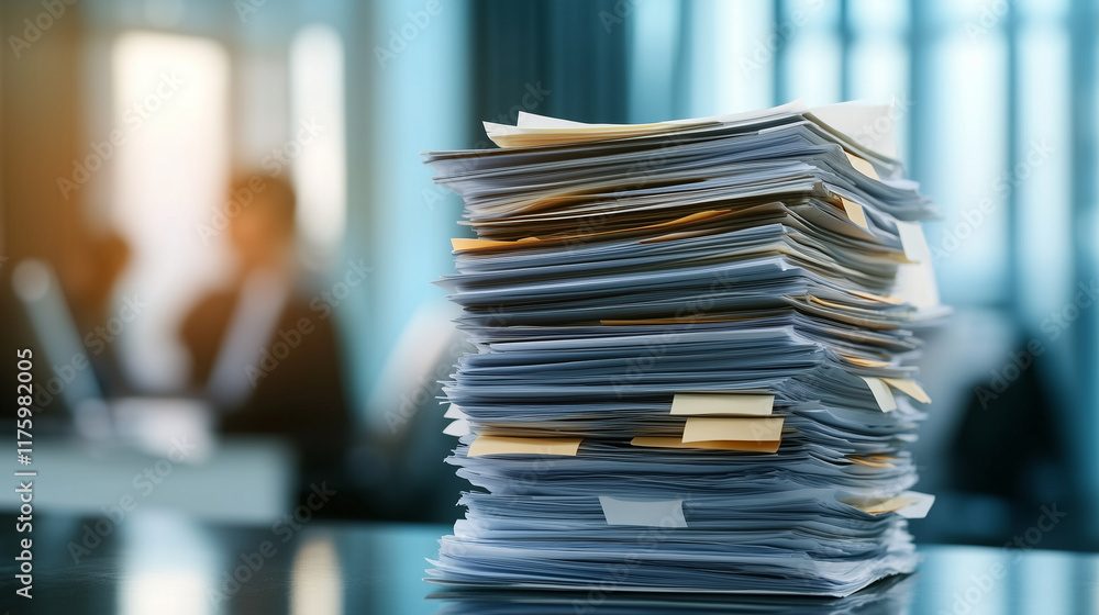 Poster a tidy stack of business documents filled with charts and graphs resting on a modern office table, w