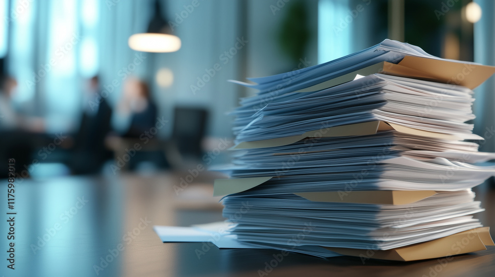 Poster a tidy stack of business documents filled with charts and graphs resting on a modern office table, w