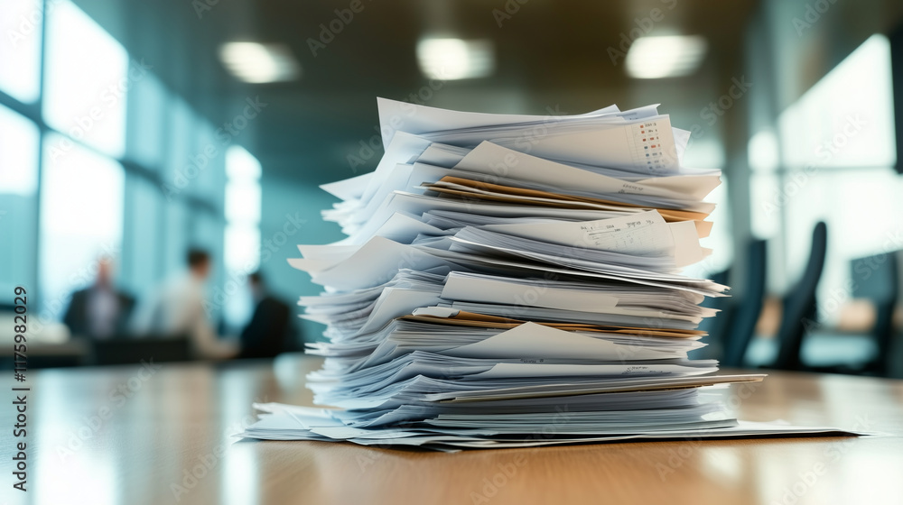 Poster a tidy stack of business documents filled with charts and graphs resting on a modern office table, w