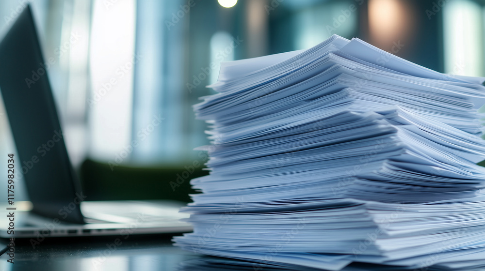 Poster a stack of printed business reports showcasing financial trends, neatly placed on a desk with a lapt