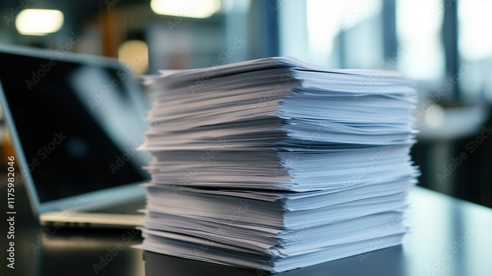 Aufkleber a stack of printed business reports showcasing financial trends, neatly placed on a desk with a lapt