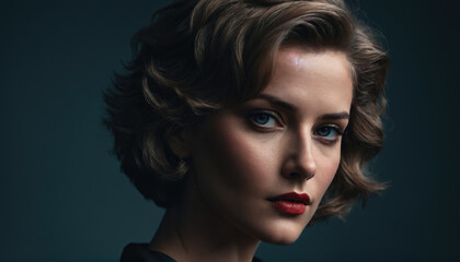 Fototapeta premium Portrait of a woman with short wavy hair and striking features posing against a dark background in a dramatic lighting setup