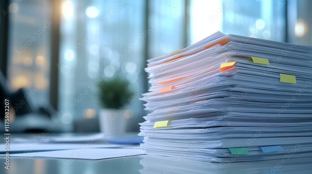 Poster stacked business documents filled with colorful graphs rest on a clean desk, with a backdrop of blur