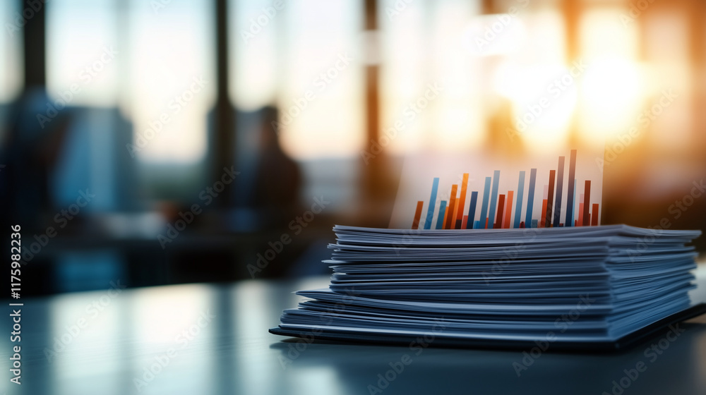 Poster stacked business documents filled with colorful graphs rest on a clean desk, with a backdrop of blur
