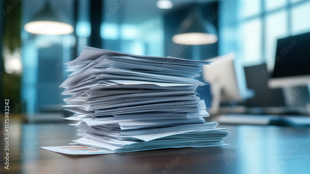 Aufkleber a stack of financial analysis documents with bold graphs lies on a modern desk, with blurred office 