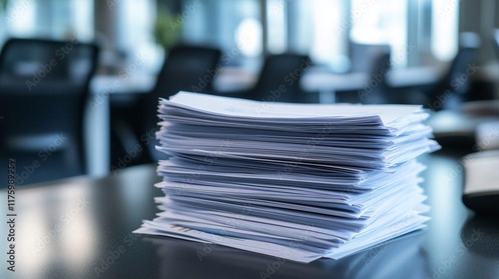 Poster a stack of financial analysis documents with bold graphs lies on a modern desk, with blurred office 
