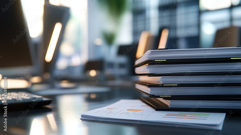 Poster a stack of financial analysis documents with bold graphs lies on a modern desk, with blurred office 