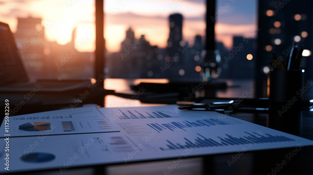 Poster a tidy arrangement of financial documents filled with graphs and charts sits on a desk, with the sil