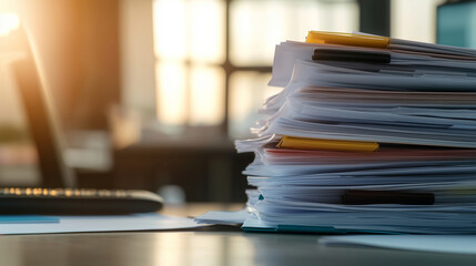 Detailed financial documents with bold, colorful charts stacked on a desk, set against a softly blurred office environment.