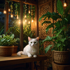 A sleek white cat peeking out and lying cat tower made of woven rattan and natural wood.