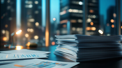 Colorful business charts and financial reports stacked neatly on a desk, with a busy yet blurred office ambiance in the background.
