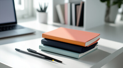 Vibrant notebooks in various hues stacked on a modern white desk, with pens scattered beside an open laptop and a bright workspace background.