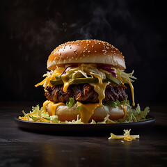 Juicy Beef burger with cheese, tomatoes, cheese and perfectly cooked.