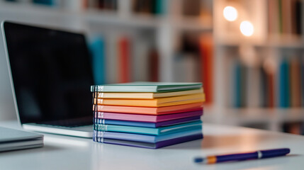 A tidy white desk featuring stacked notebooks in rainbow colors, a set of pens, and a laptop, with a blurred bookshelf in the background.