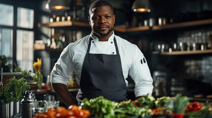 An African American chef in a spotless apron stands by a counter full of fresh ingredients, with shelves of cooking tools in the background.