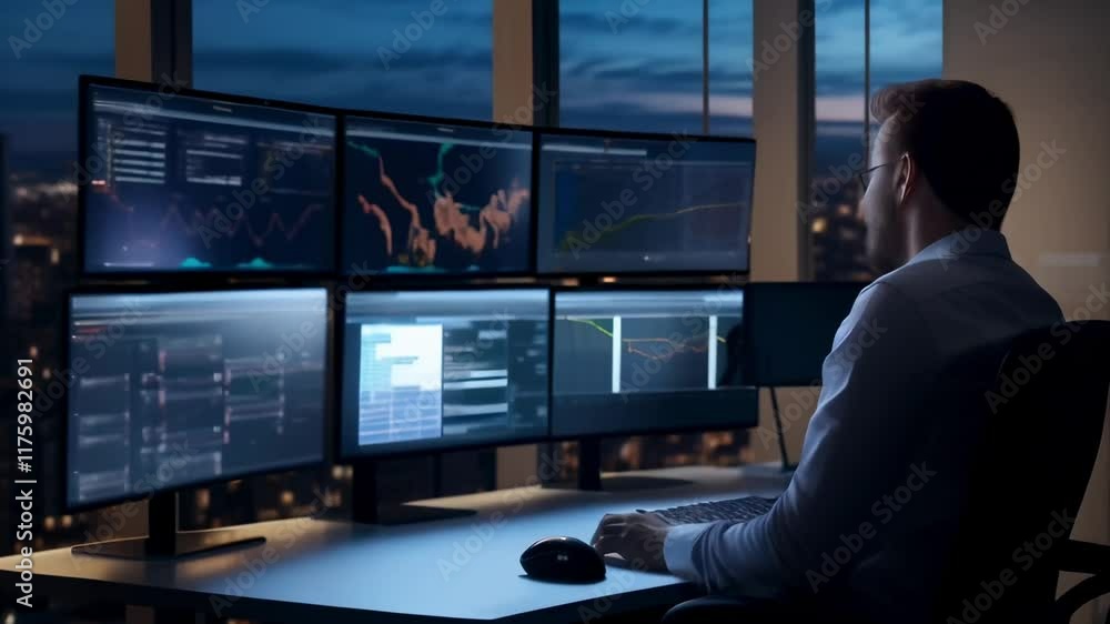 Poster Financial analyst works late at night, diligently analyzing data displayed on multiple computer screens in a modern office overlooking a vibrant cityscape