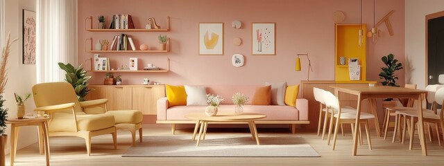 Retro living room, pastel pink walls, yellow sofa, mid-century modern furniture, wooden shelving, bright and airy space, eclectic wall art, potted plants, white dining chairs, yellow accent armchair, 