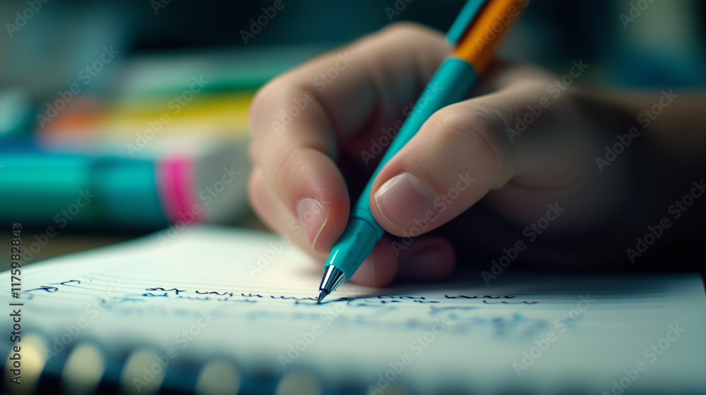 Poster a close-up of a studentâs hand writing detailed notes in a spiral notebook, with colorful highligh