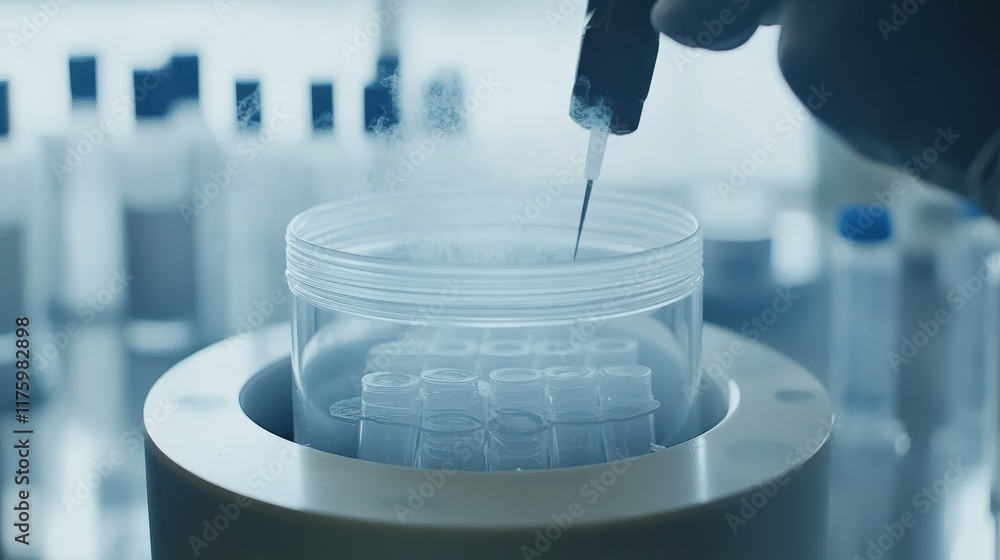 Poster lab technician using a pipette to transfer liquid into a transparent container, showcasing precision