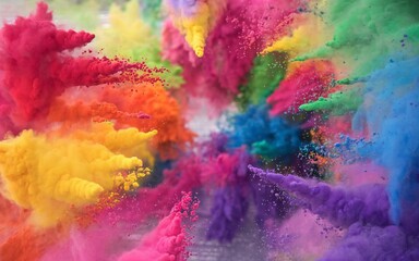 Indian Festival Colors, Vibrant rainbow powder explosion, colorful dust cloud burst.
