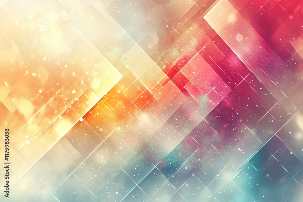 Poster abstract geometric design with warm and cool tones featuring overlapping squares and a starry effect