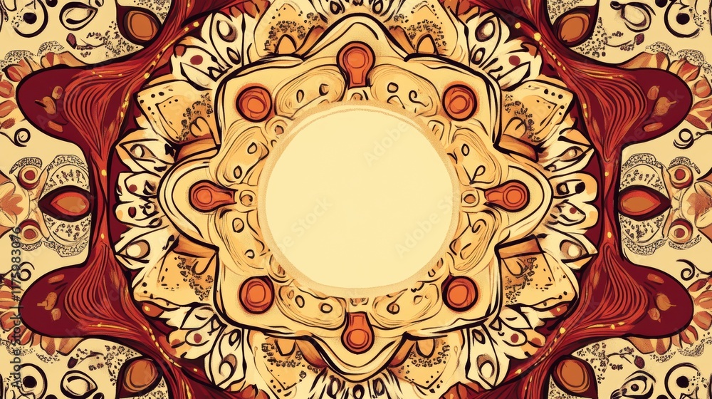 Poster intricate hand drawn doodle featuring a circular mandala design with warm colors and detailed patter