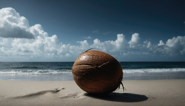 Coconut resting on sandy beach with waves and clouds under a clear blue sky